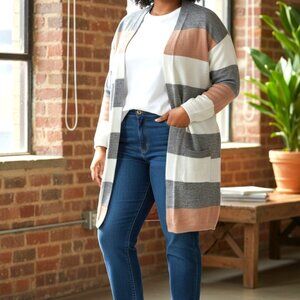 (A-22)Shein Women’s Open Front Cardigan Sweater M Colorblock Gray Pink White